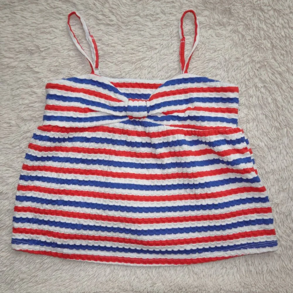 Girls Size Large 10-12 Old Navy Bow Red, White, Blue Striped Tank Top, Like New